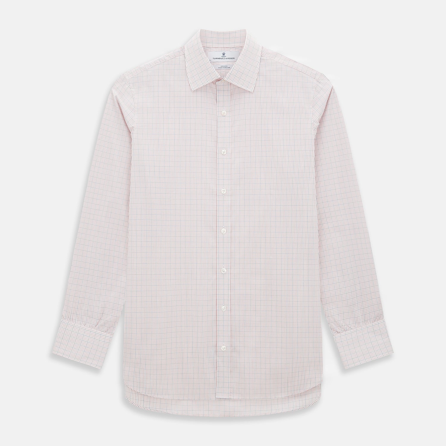 View 1 of product The Turnbull & Asser Red Micro Graph Check Mayfair Shirt is a long-sleeved, button-up Italian cotton shirt with a spread collar and buttoned cuffs, shown on a plain white background.