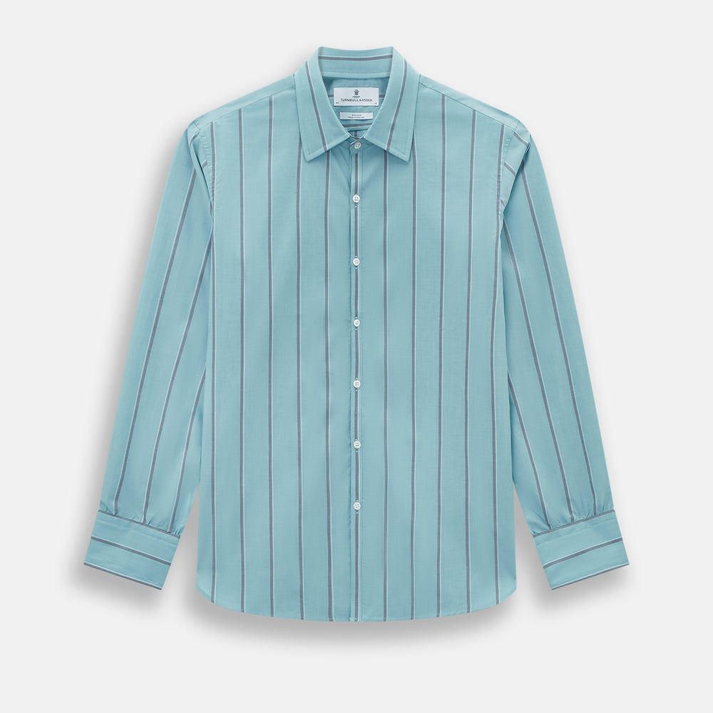 The Cendre Blue Track Stripe Westminster Shirt by Turnbull & Asser features a light blue hue, dark vertical stripes, button-down front, classic collar, and buttoned cuffs—showcasing British craftsmanship.
