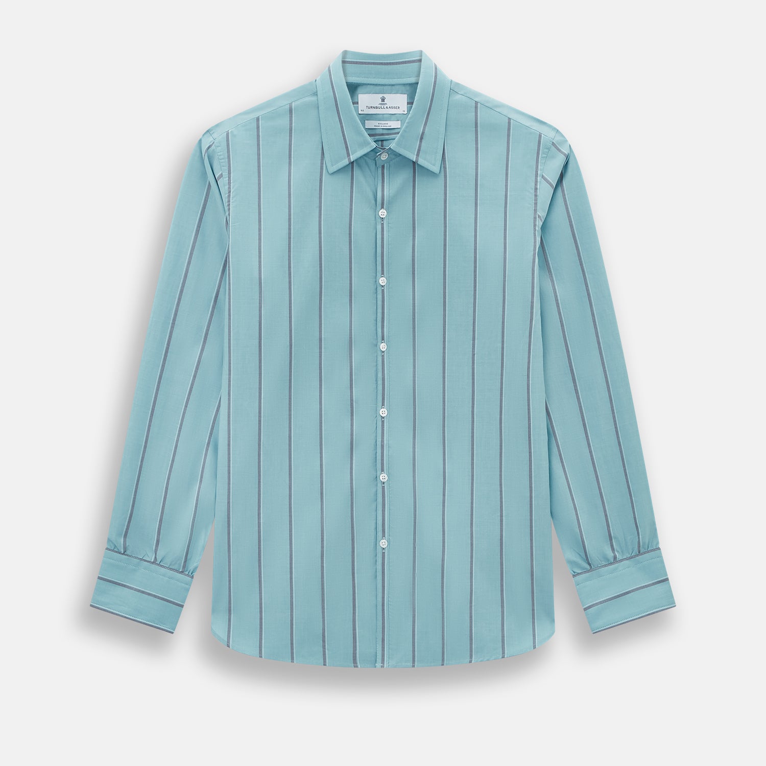 View 1 of product The Cendre Blue Track Stripe Westminster Shirt by Turnbull & Asser features a light blue hue, dark vertical stripes, button-down front, classic collar, and buttoned cuffs—showcasing British craftsmanship.