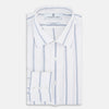 View 5 of product The Turnbull & Asser Steel Grey Track Stripe Mayfair Shirt is a long-sleeve Italian cotton shirt with vertical stripes, a button-down front, and classic collar, shown laid flat on a white background.