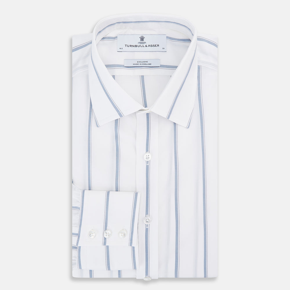 The Turnbull & Asser Steel Grey Track Stripe Mayfair Shirt is a long-sleeve Italian cotton shirt with vertical stripes, a button-down front, and classic collar, shown laid flat on a white background.