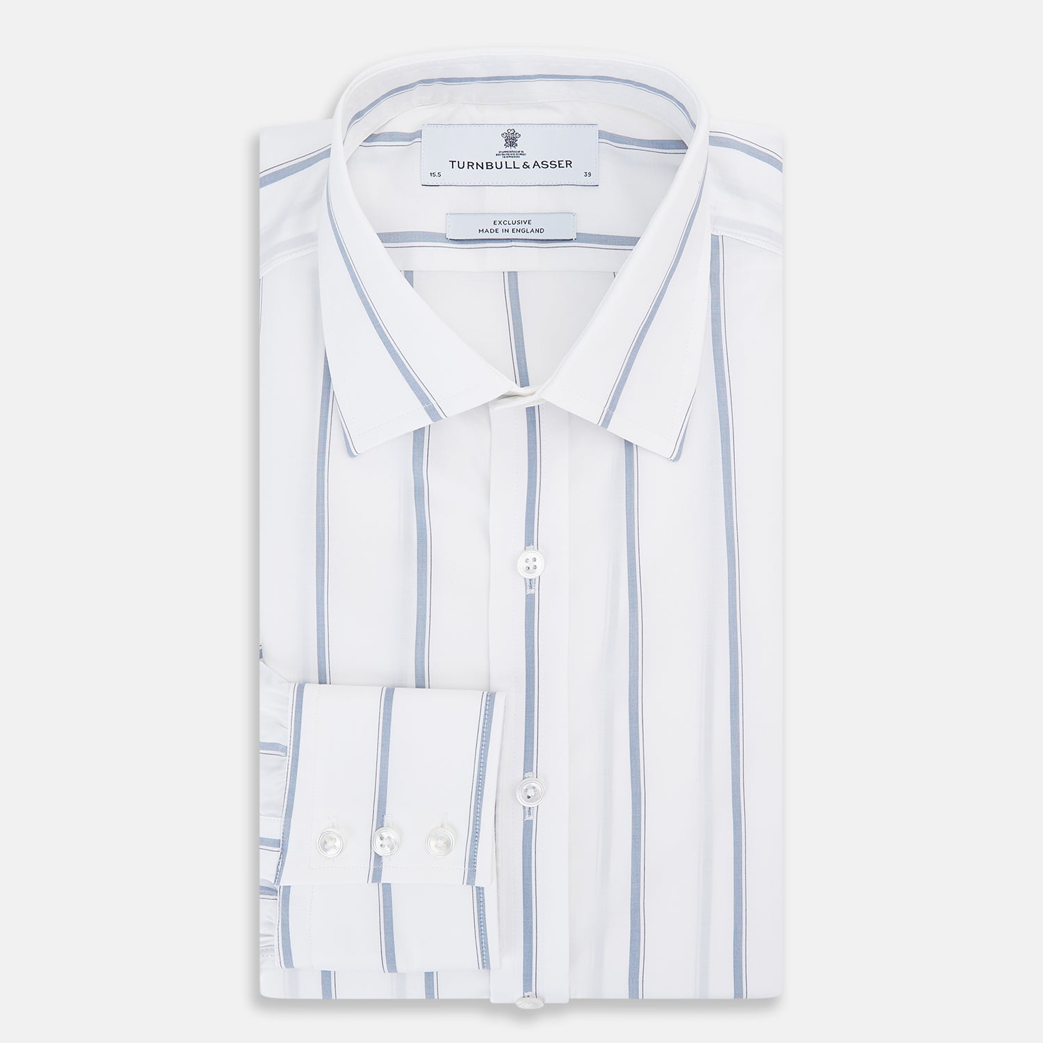 View 5 of product The Turnbull & Asser Steel Grey Track Stripe Mayfair Shirt is a long-sleeve Italian cotton shirt with vertical stripes, a button-down front, and classic collar, shown laid flat on a white background.