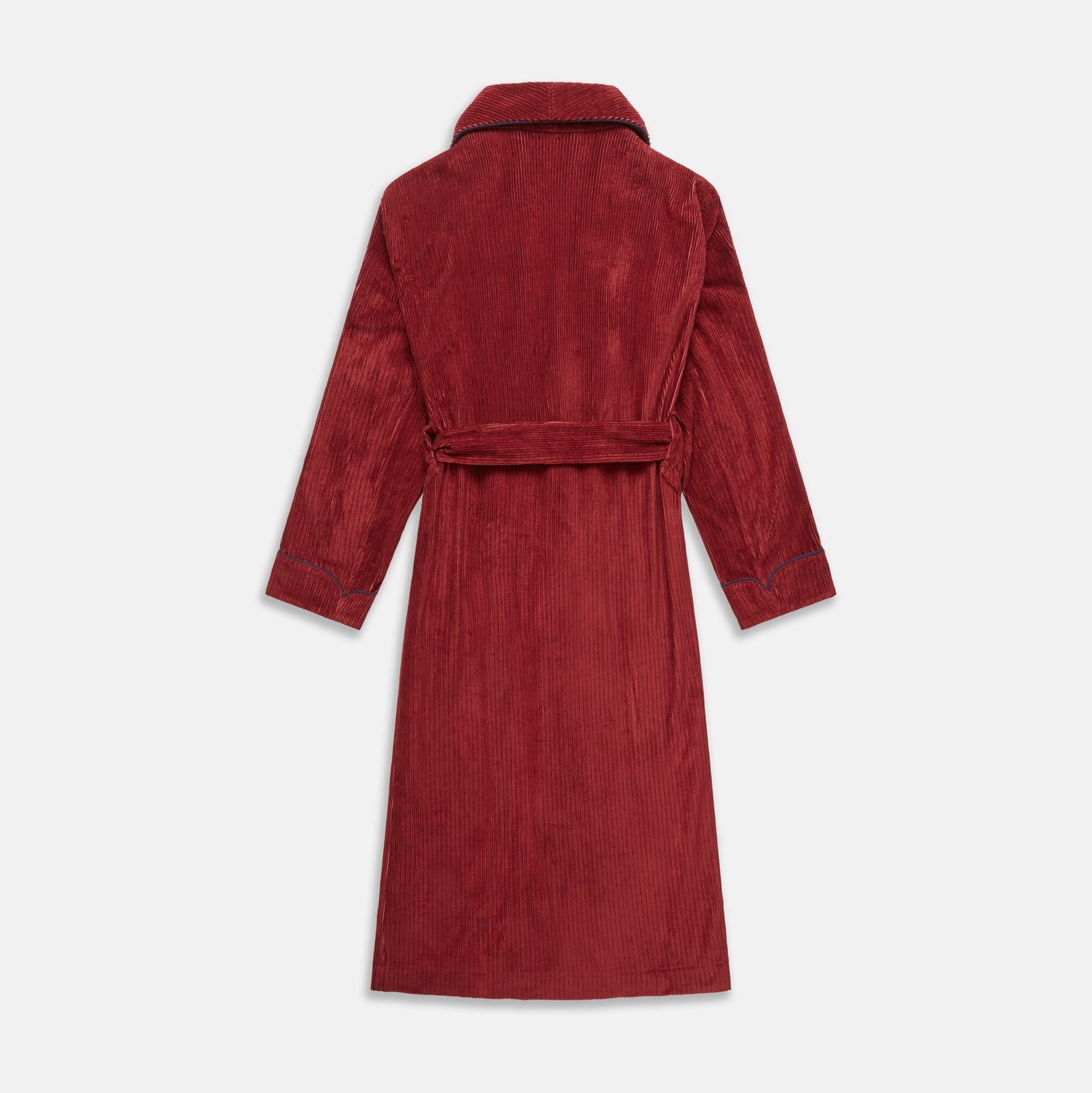 View 5 of product The Turnbull & Asser Burgundy Linen & Cotton Cord Gown, expertly made in England, features a shawl collar, patch pockets, and a matching fabric belt—shown here on a white background.