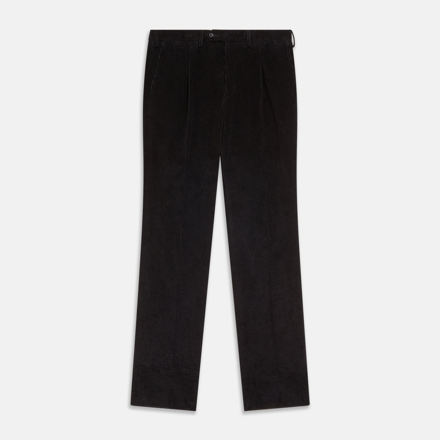 View 2 of product A man stands against a beige background, wearing a white striped shirt, Turnbull & Asser Black Cotton Cord Manson Trousers, and black shoes. He faces forward with a neutral expression.