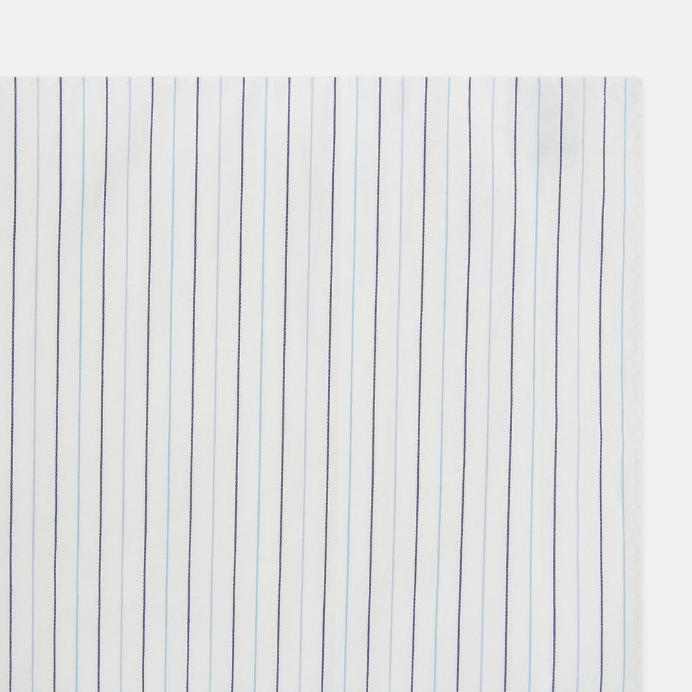 The Turnbull & Asser Navy and Blue Wide Pinstripe Hand-Rolled Handkerchief features bold vertical stripes and is shown flat on a white background.