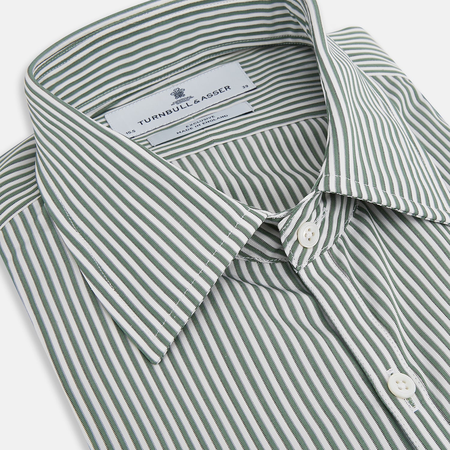 View 2 of product The Melon Green Halo Stripe Westminster Shirt by Turnbull & Asser, featuring thin green and white stripes and a classic Turnbull collar, is displayed against a plain white background—a testament to refined British craftsmanship.