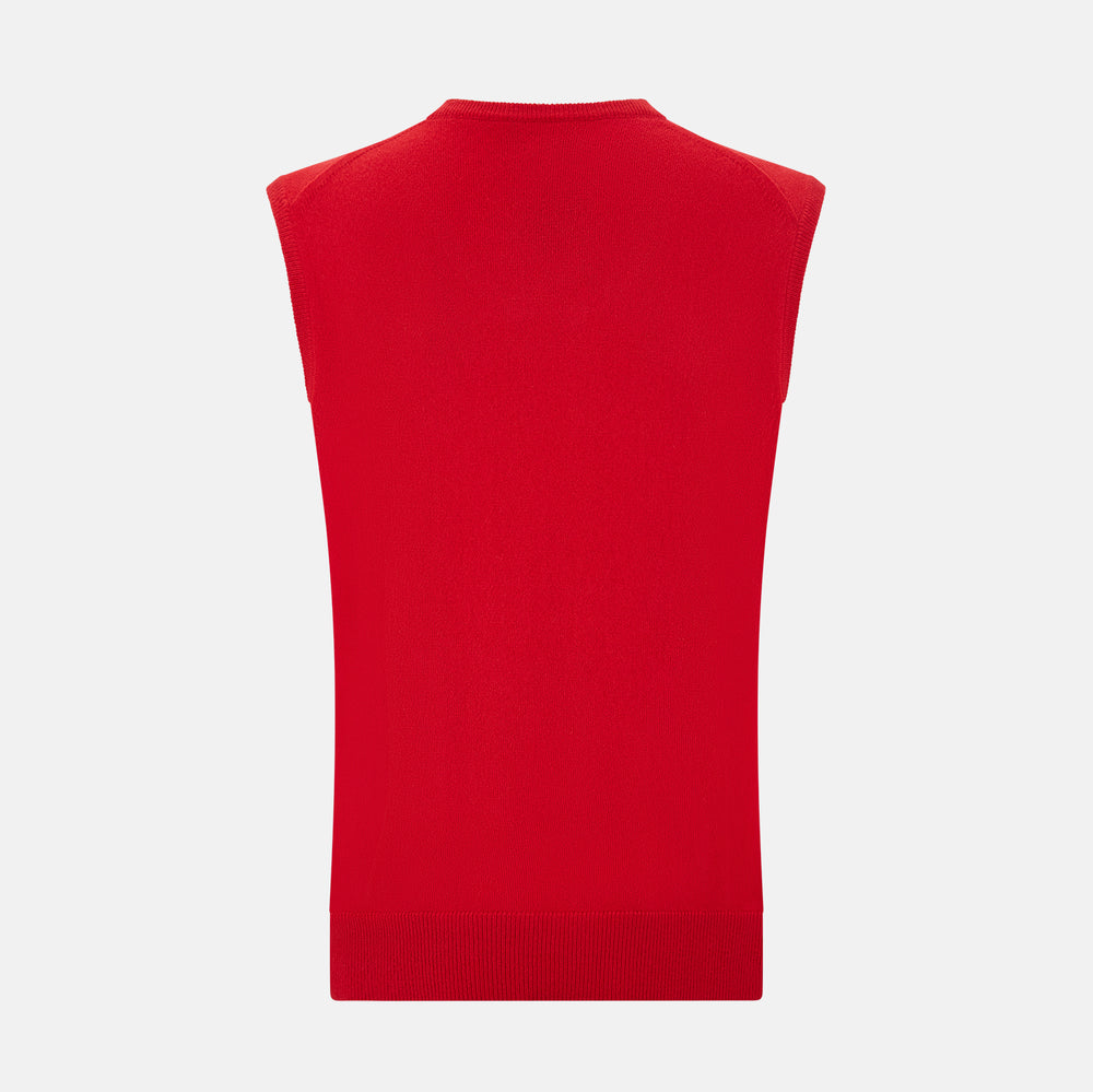 The Turnbull & Asser Red Cashmere V-Neck Vest features a sleeveless knit design and classic collar, shown against a white background—ideal for elevating any refined look.