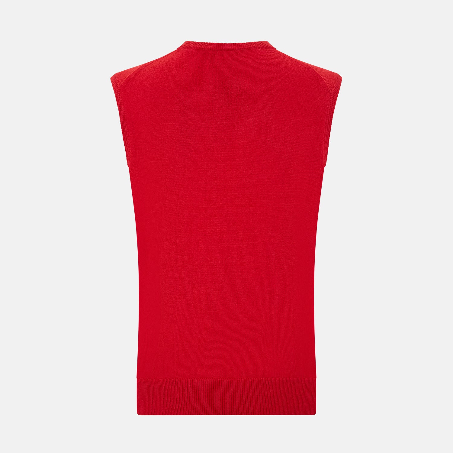 View 3 of product The Turnbull & Asser Red Cashmere V-Neck Vest features a sleeveless knit design and classic collar, shown against a white background—ideal for elevating any refined look.