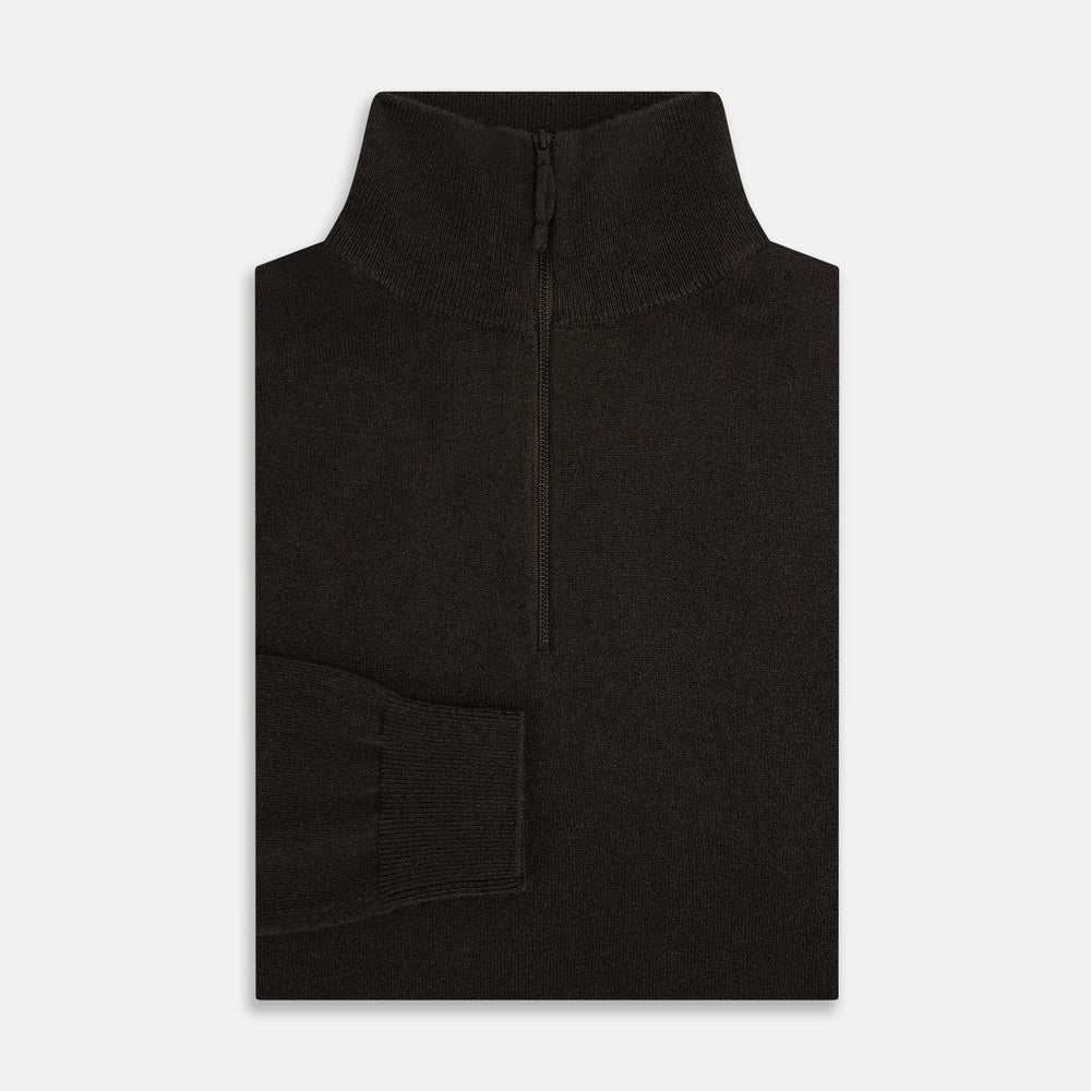 The Turnbull & Asser Brown Half-Zip Cashmere Jumper features a plain, long-sleeve design with a high collar and quarter-zip neckline, showcased against a white background.