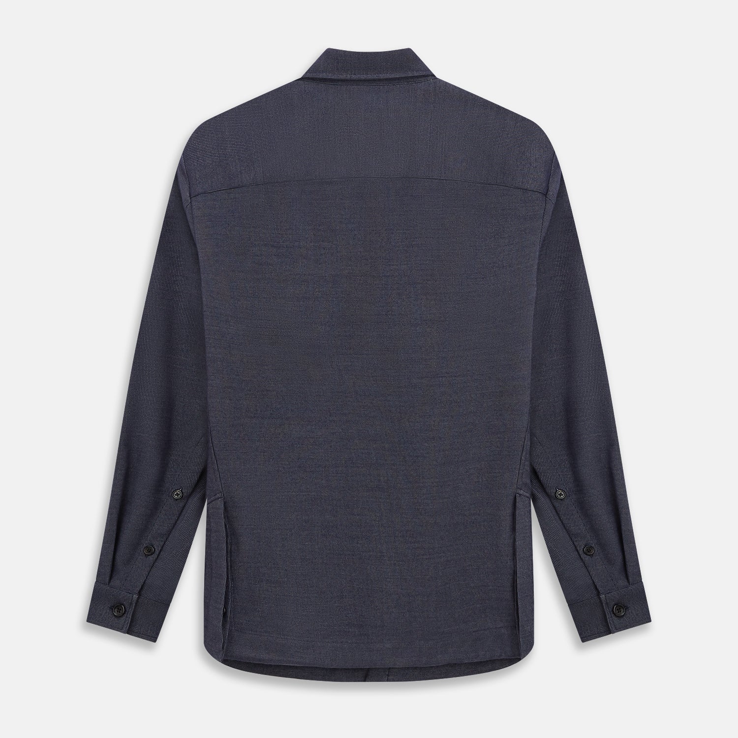 View 3 of product The Turnbull & Asser Navy Hampstead Overshirt features a collar, left chest pocket, two zippered pockets near the bottom, and a classic long-sleeve button-up design, shown laid flat on a white background.