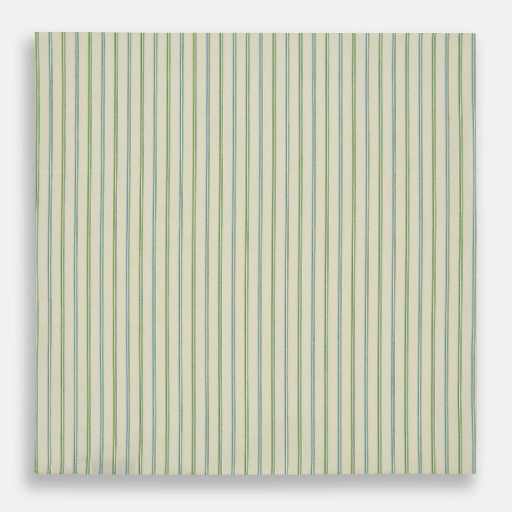The Turnbull & Asser Hand Rolled Green Double Stripe Handkerchief features a white cotton base with green and blue stripes, neatly folded for use as a refined pocket square—an essential accessory for any gentleman.