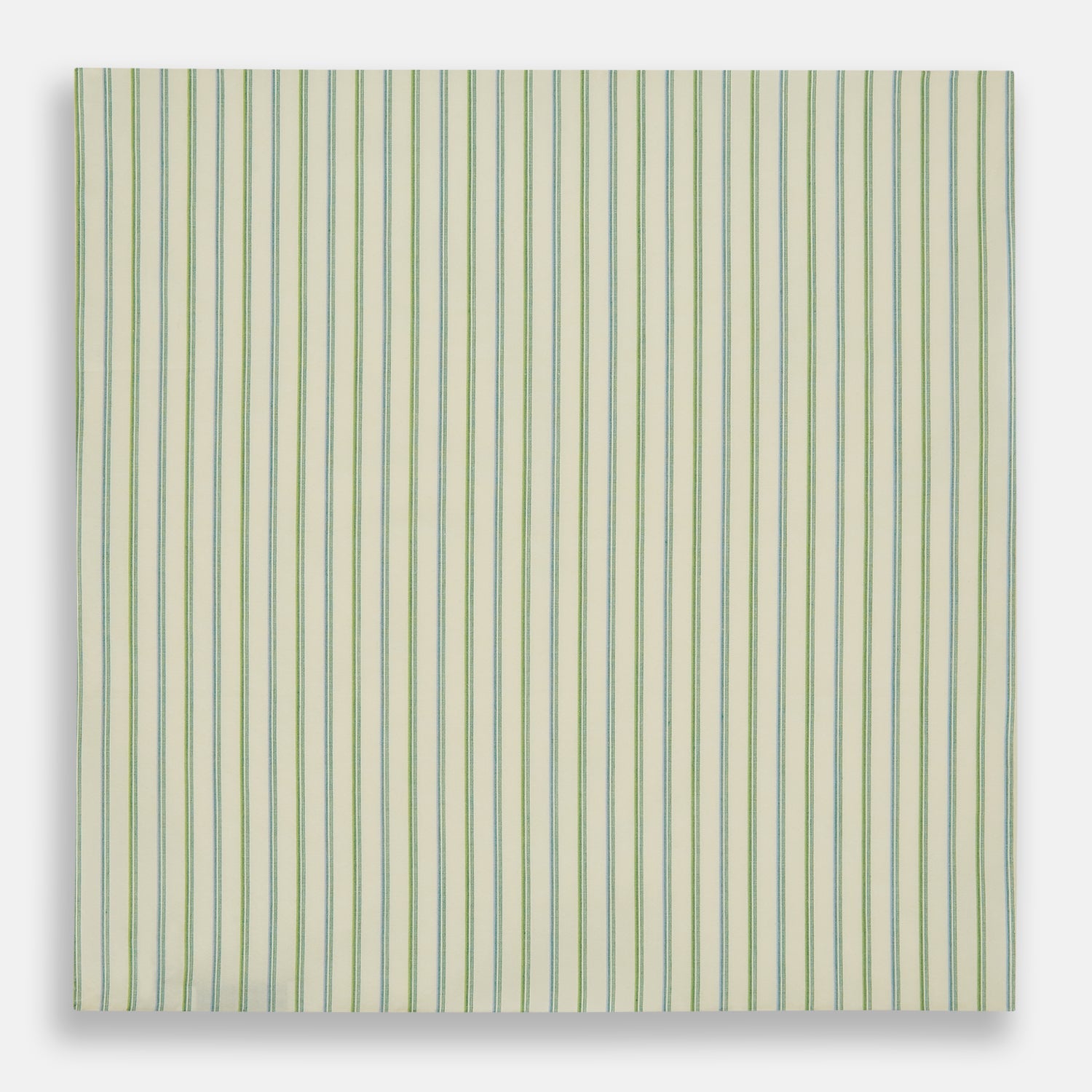View 3 of product The Turnbull & Asser Hand Rolled Green Double Stripe Handkerchief features a white cotton base with green and blue stripes, neatly folded for use as a refined pocket square—an essential accessory for any gentleman.