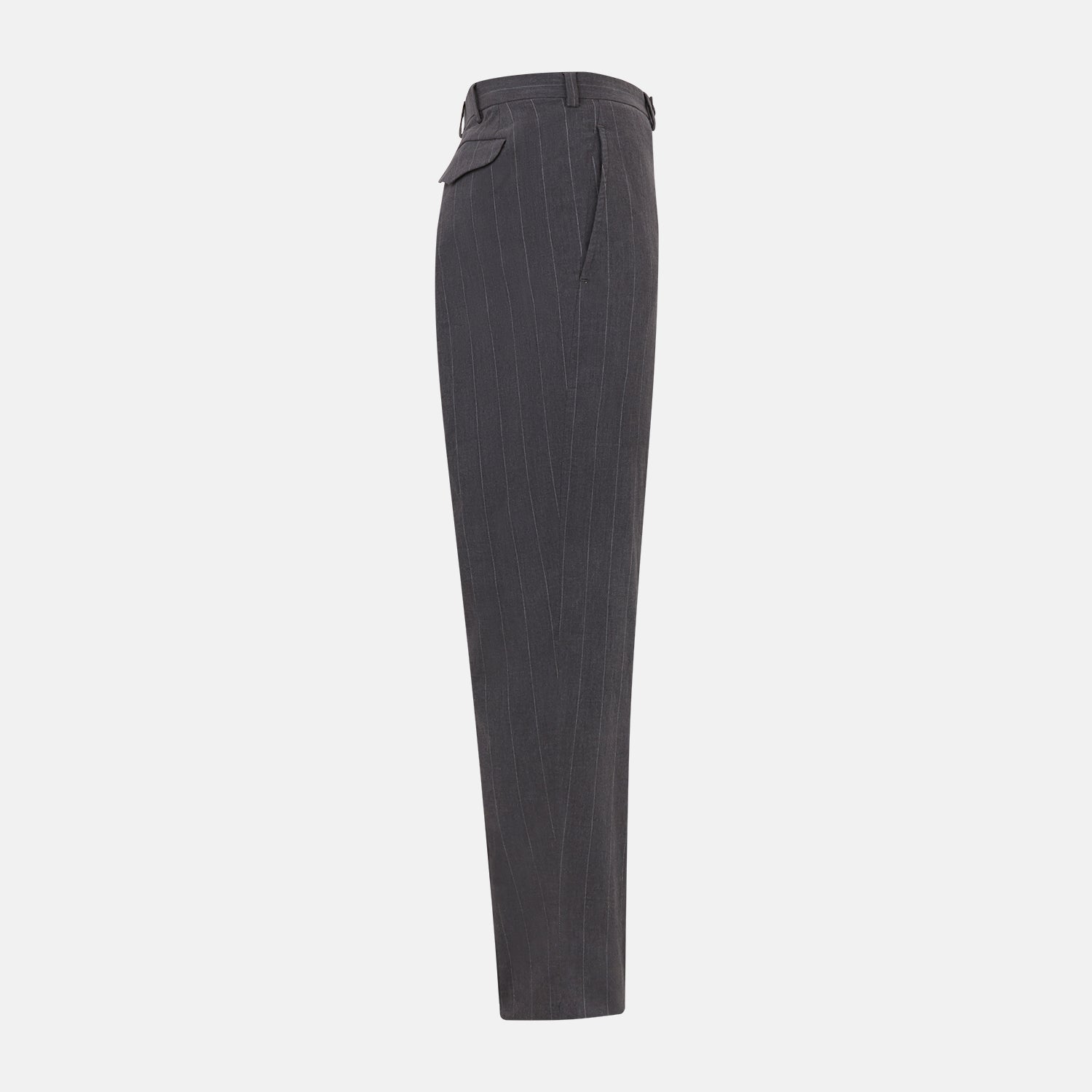 View 3 of product Turnbull & Asser’s Dark Chocolate Striped Edmund trousers feature straight-cut legs, a relaxed fit, button closure, and belt loops. These cotton trousers display subtle vertical stripes against a plain white background.