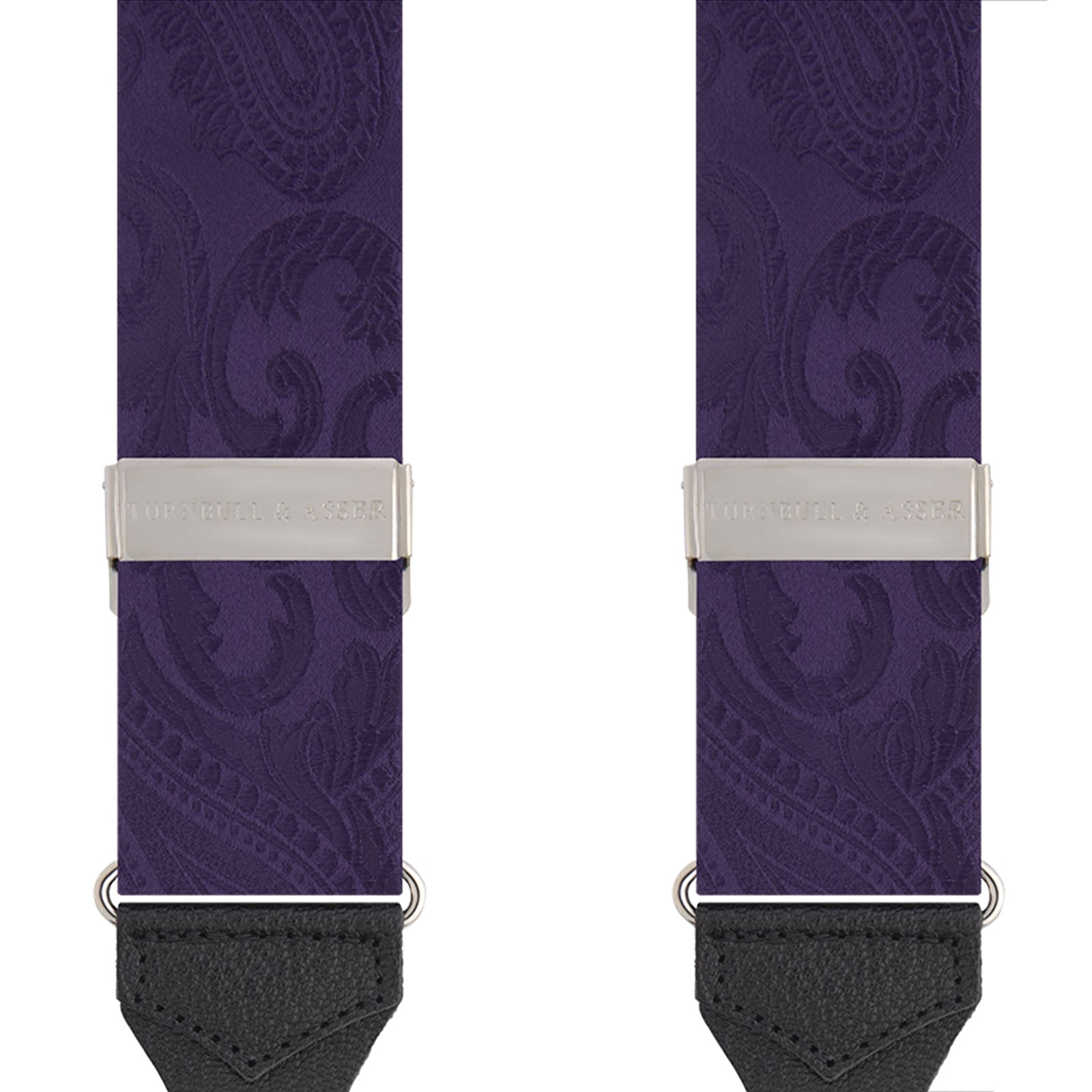 View 2 of product Turnbull & Asser's Purple Paisley Adjustable Silk Braces feature black leather loops and silver adjusters, offering refined sartorial style. Shown against a white background.