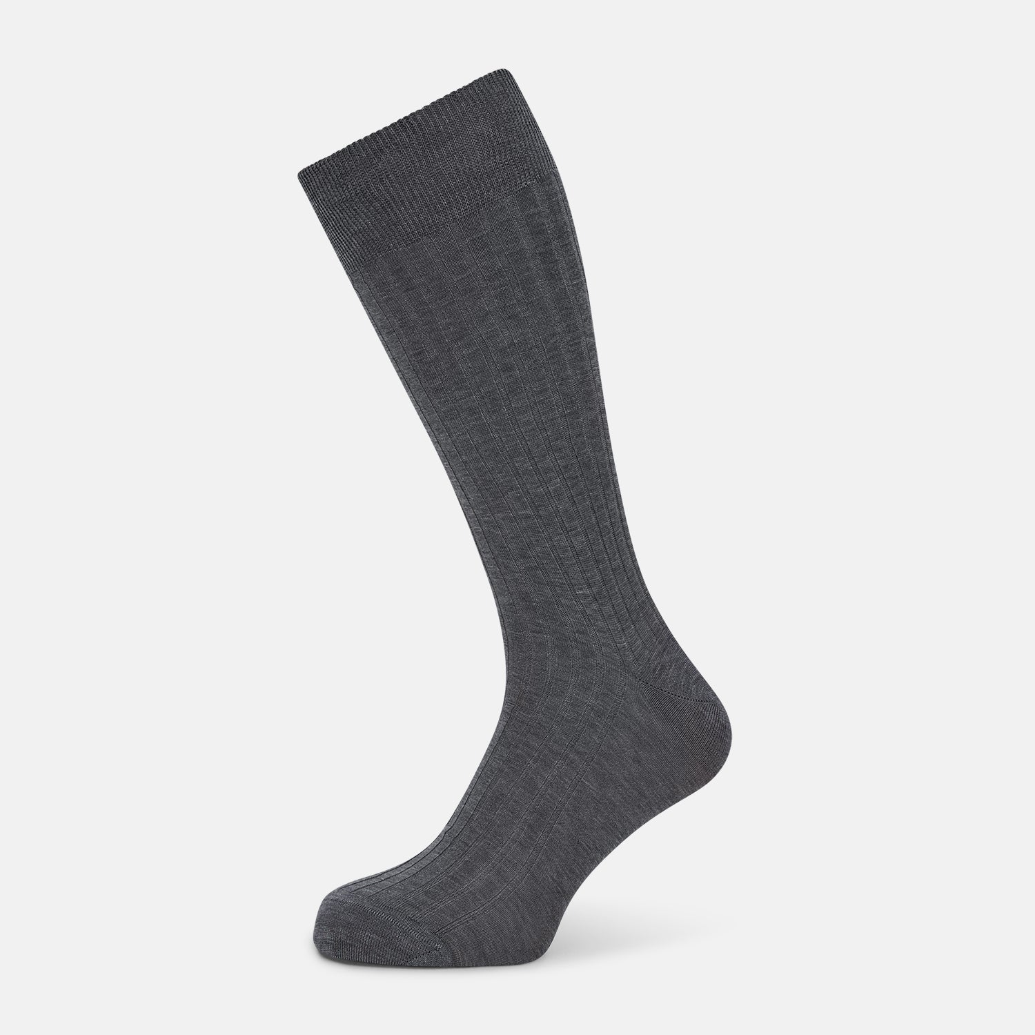 View 1 of product The Ash Mid-Length Sock by Turnbull & Asser, shown upright on a plain white background, is a single dark gray ribbed knee-high made from mercerised Egyptian cotton.