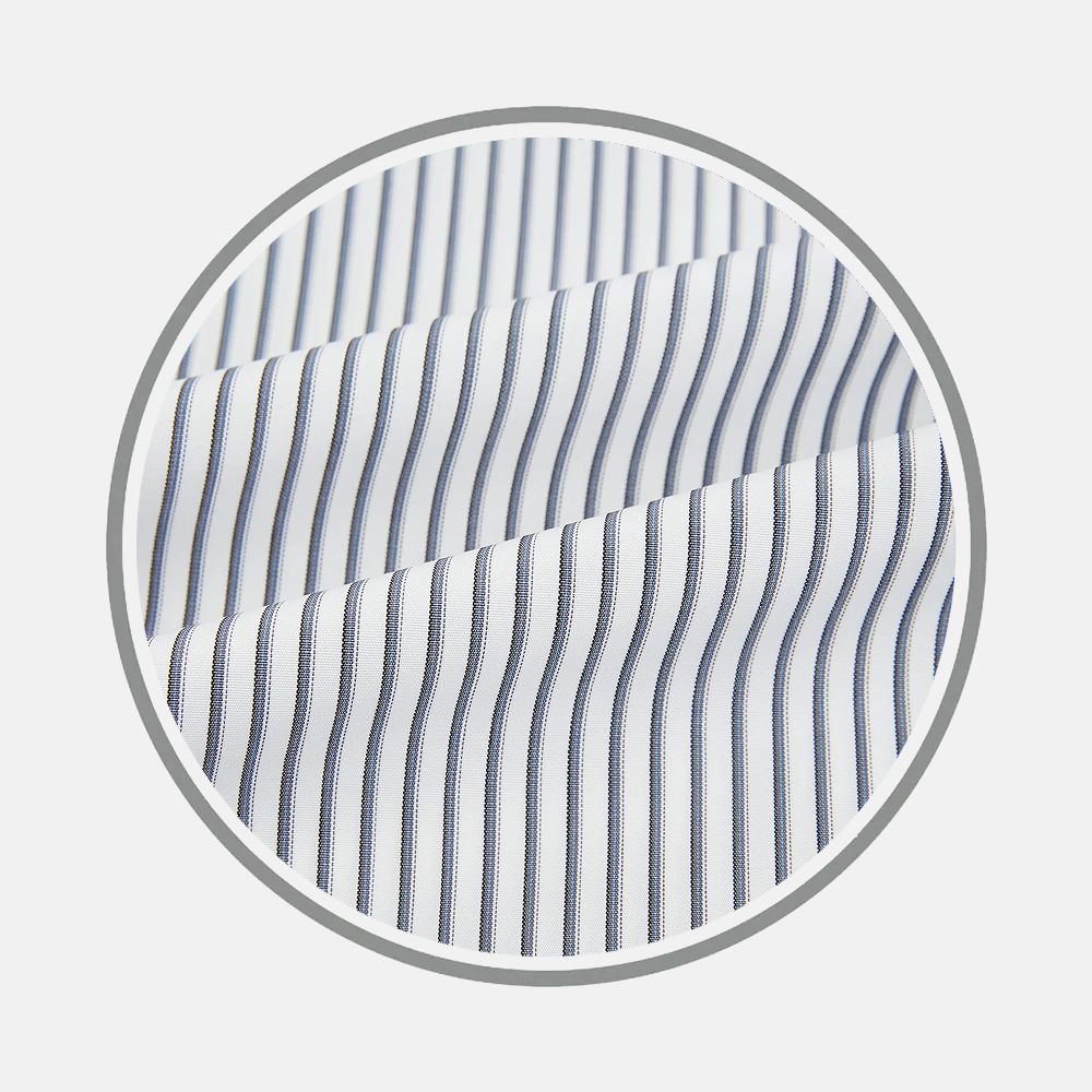 Close-up of Turnbull & Asser's Grey Multi Stripe Fabric, featuring evenly spaced vertical stripes, shown within a circular frame on a light gray background.