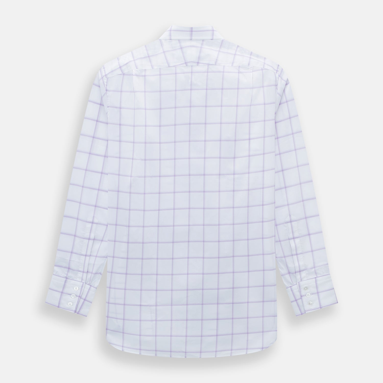 View 3 of product The Turnbull & Asser Lilac Grid Check Mayfair Shirt is a long-sleeve, button-up style crafted from Italian cotton with a white base and lilac grid check pattern, shown on a plain white background.