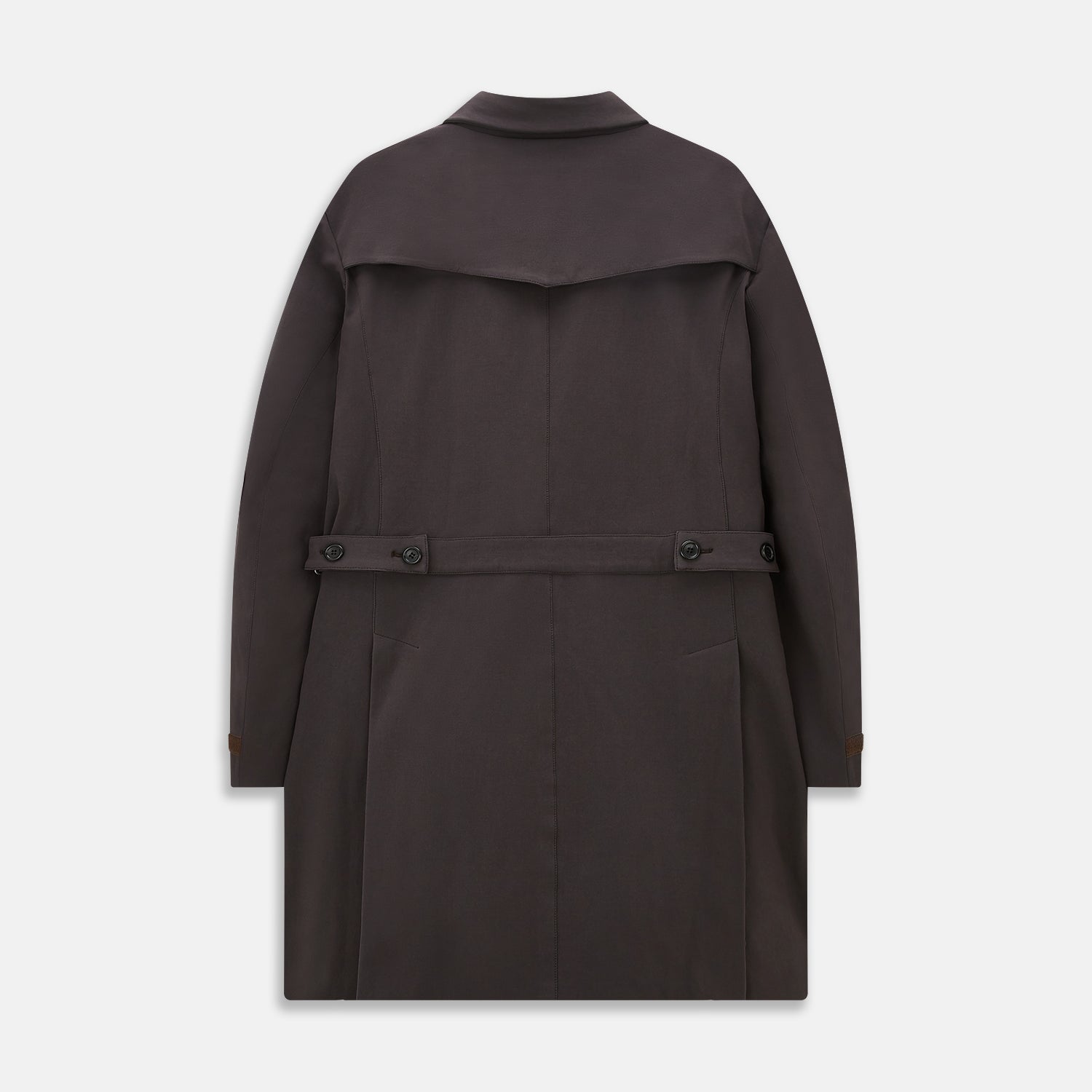 View 3 of product The Dark Chocolate John Arthur Trench Coat by Turnbull & Asser features a pointed collar, two large slanted side pockets, and a vertical chest pocket—a versatile 2-in-1 piece ideal for any occasion.