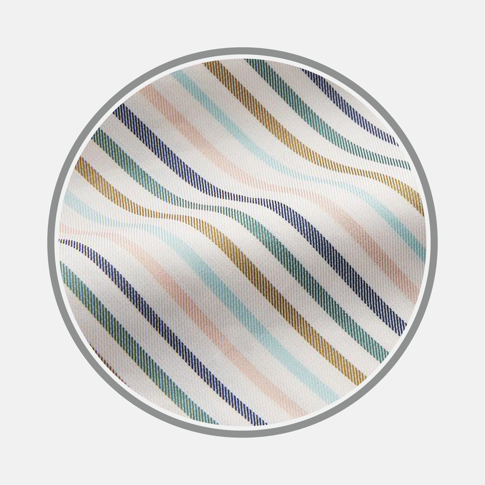 Close-up of Turnbull & Asser’s Green Multi Stripe Cotton Fabric, featuring diagonal pastel stripes in blue, green, yellow, and pink, displayed in a circular frame on a plain white background.
