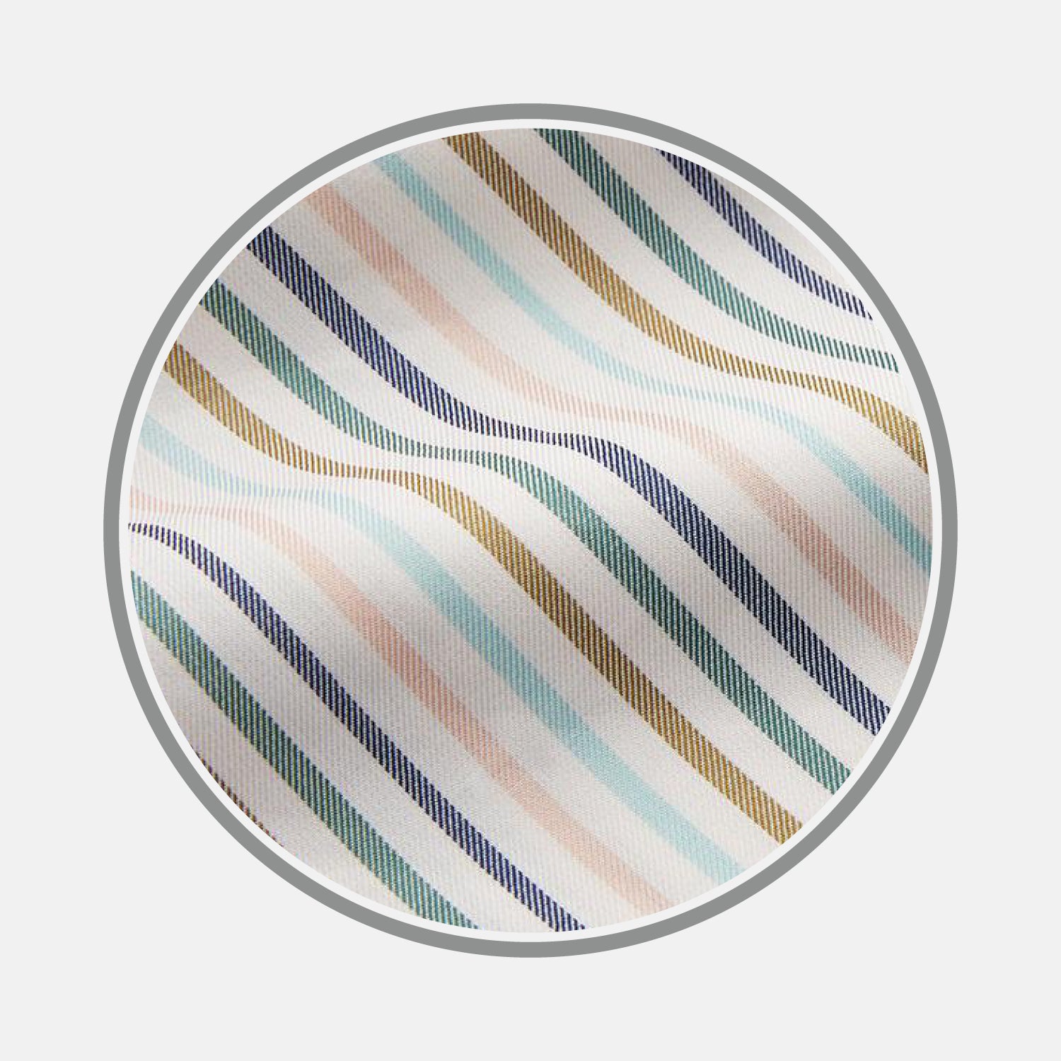 View 1 of product Close-up of Turnbull & Asser’s Green Multi Stripe Cotton Fabric, featuring diagonal pastel stripes in blue, green, yellow, and pink, displayed in a circular frame on a plain white background.