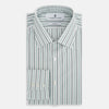 View 5 of product The Forest Green Multi Stripe Mayfair Shirt by Turnbull & Asser features forest green and white vertical stripes, a collar and cuffs, and is crafted from Italian cotton, shown laid flat on a white background.