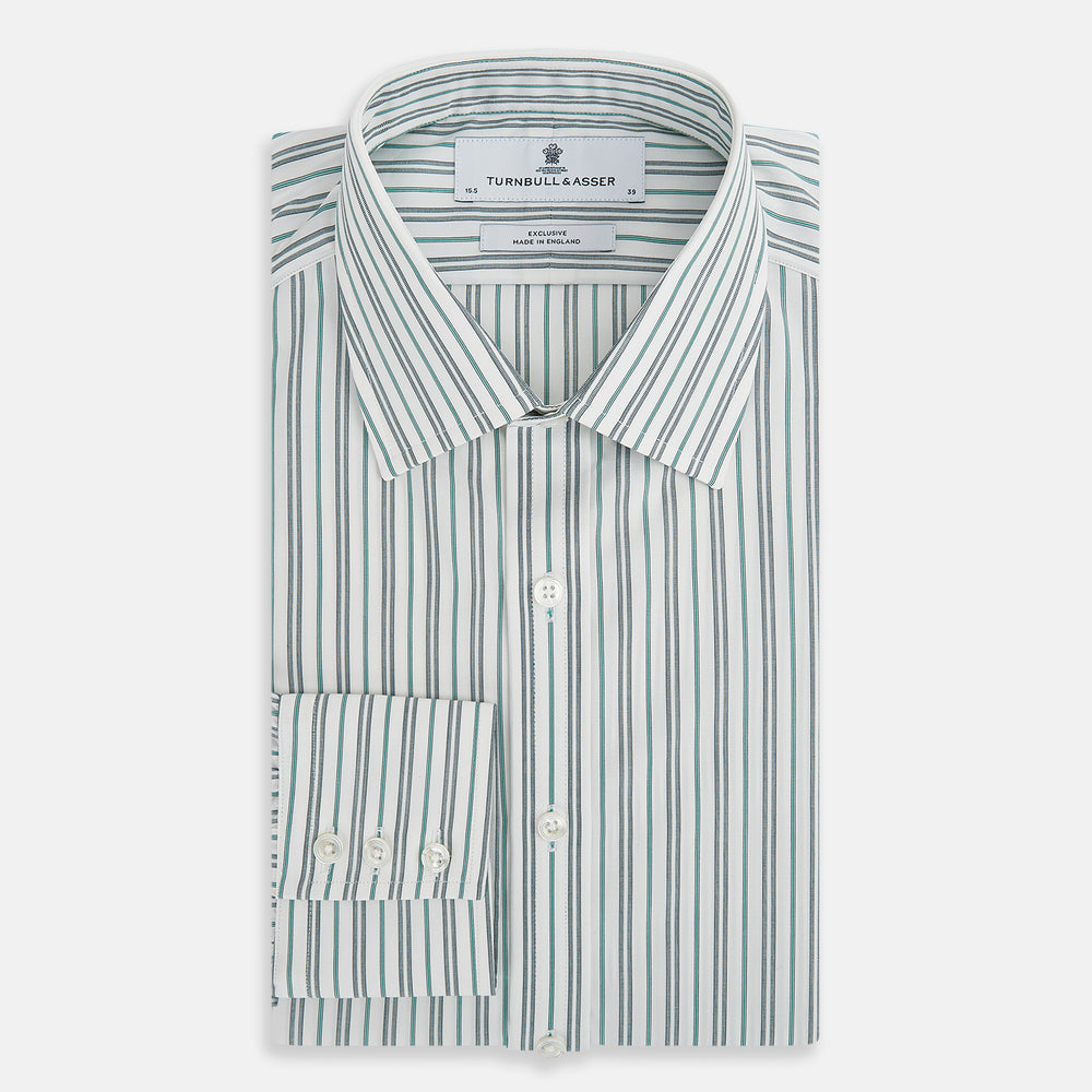 The Forest Green Multi Stripe Mayfair Shirt by Turnbull & Asser features forest green and white vertical stripes, a collar and cuffs, and is crafted from Italian cotton, shown laid flat on a white background.