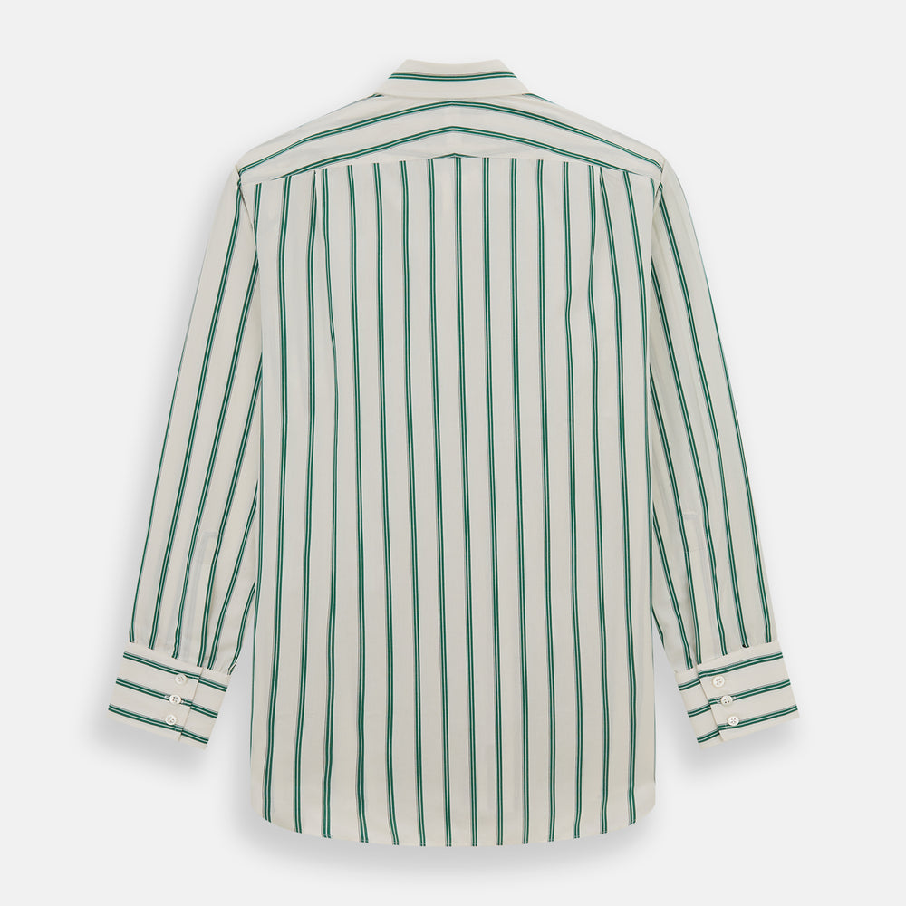Elevate your wardrobe with the Turnbull & Asser Green Double Track Stripe Mayfair Shirt, crafted from soft organic cotton with a white base, classic collar, and buttoned cuffs—shown against a plain white background.