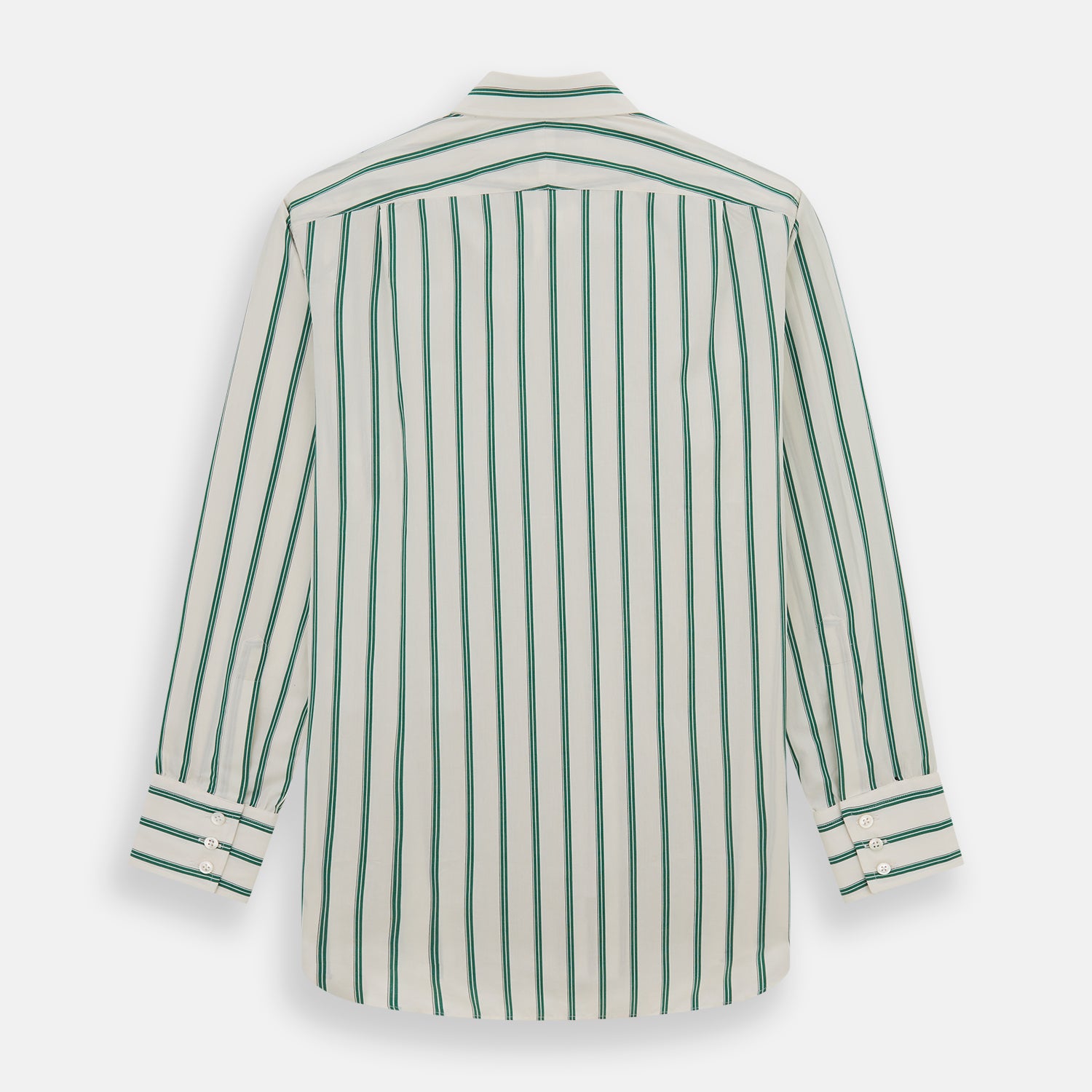 View 3 of product Elevate your wardrobe with the Turnbull & Asser Green Double Track Stripe Mayfair Shirt, crafted from soft organic cotton with a white base, classic collar, and buttoned cuffs—shown against a plain white background.