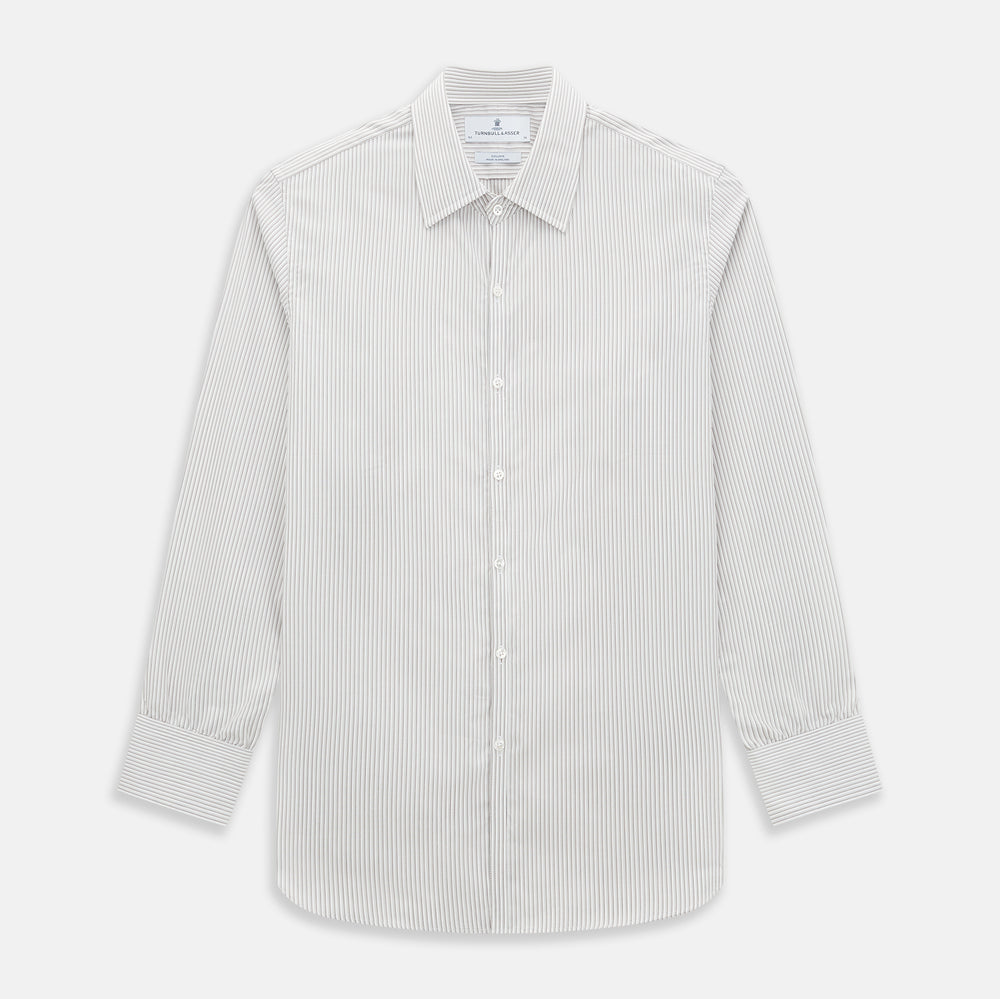 The Coffee and Grey Shadow Pinstripe Westminster Shirt by Turnbull & Asser features thin white and gray stripes, a long sleeve, button-down style, and signature collar, all reflecting classic British craftsmanship.