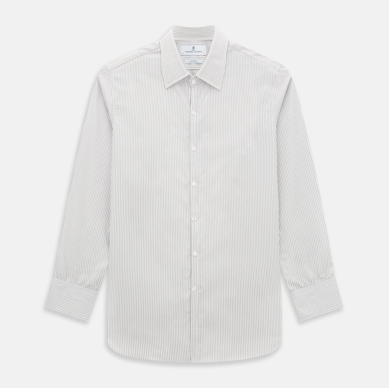 View 1 of product The Coffee and Grey Shadow Pinstripe Westminster Shirt by Turnbull & Asser features thin white and gray stripes, a long sleeve, button-down style, and signature collar, all reflecting classic British craftsmanship.