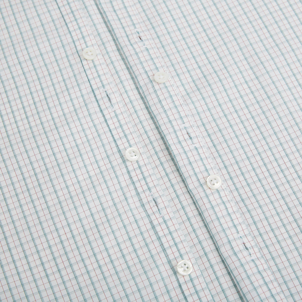 The Turnbull & Asser Turquoise and Red Ticking Stripe Windsor Shirt, featuring a classic collar and buttoned cuffs, is displayed flat against a white background.