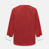 View 3 of product The Turnbull & Asser Dark Red Track Stripe Shirt with Contrast T&A Collar and Cuffs features vertical black stripes, a white collar and cuffs, Mayfair fit, and fine British craftsmanship, shown laid flat on a plain background.