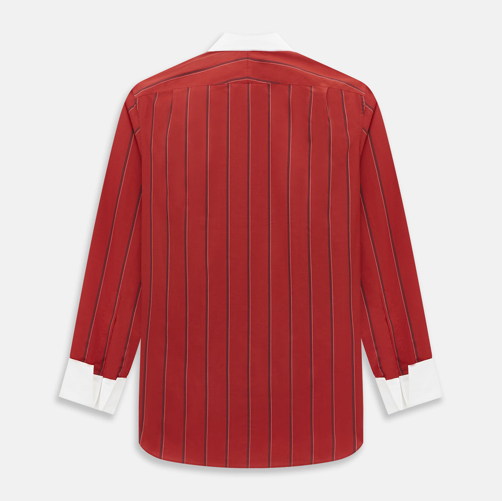 The Turnbull & Asser Dark Red Track Stripe Shirt with Contrast T&A Collar and Cuffs features vertical black stripes, a white collar and cuffs, Mayfair fit, and fine British craftsmanship, shown laid flat on a plain background.