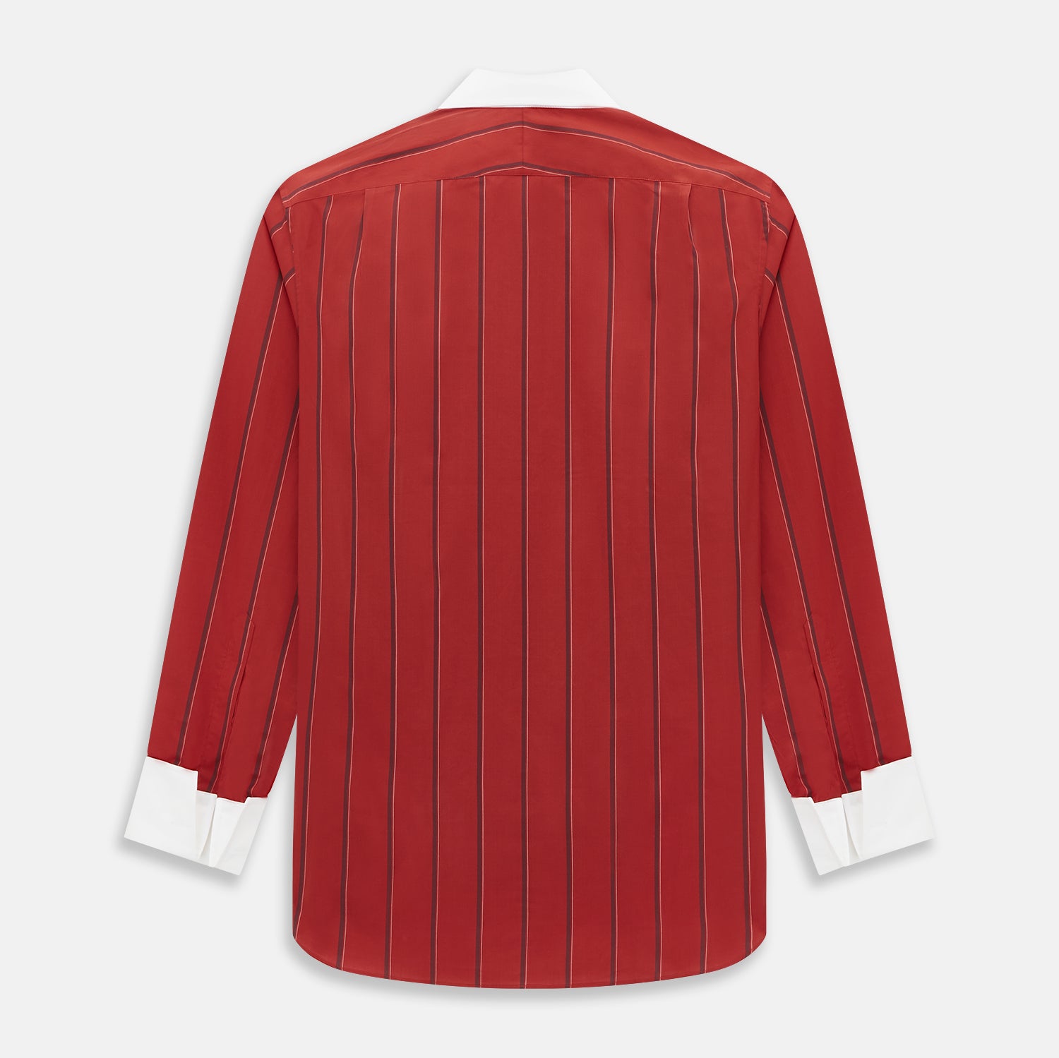 View 3 of product The Turnbull & Asser Dark Red Track Stripe Shirt with Contrast T&A Collar and Cuffs features vertical black stripes, a white collar and cuffs, Mayfair fit, and fine British craftsmanship, shown laid flat on a plain background.