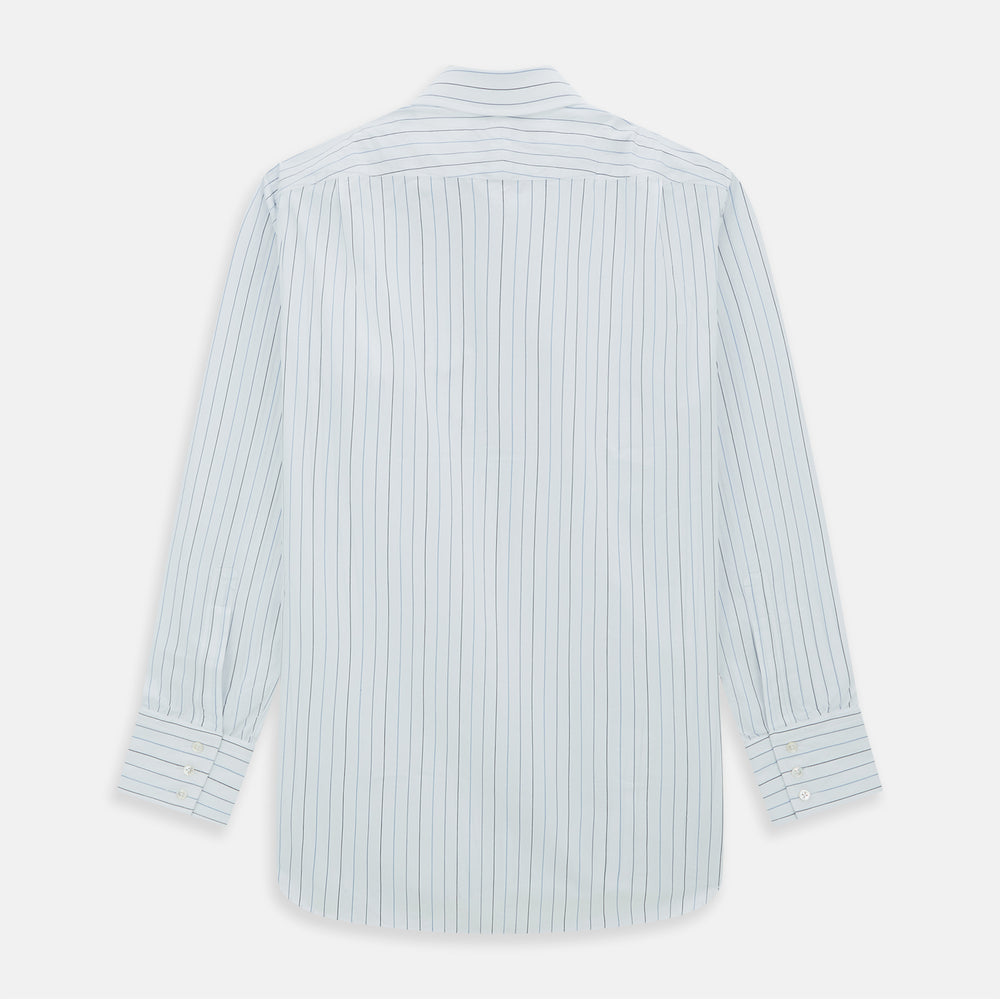 The Blue Wide Pinstripe Mayfair Shirt by Turnbull & Asser is a contemporary long-sleeve button-down with a collar, crafted from white fabric with bold vertical blue pinstripes. It is displayed neatly on a plain white background.