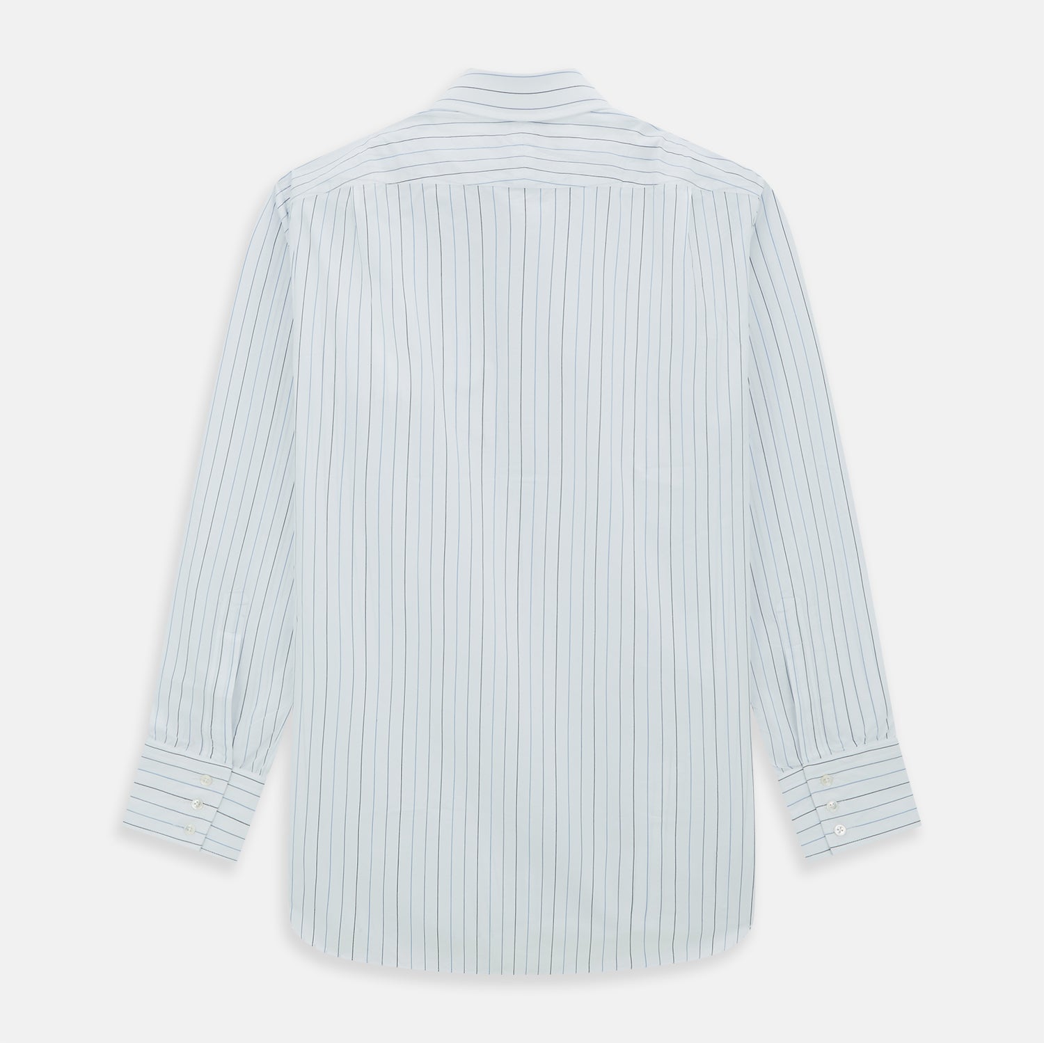 View 3 of product The Blue Wide Pinstripe Mayfair Shirt by Turnbull & Asser is a contemporary long-sleeve button-down with a collar, crafted from white fabric with bold vertical blue pinstripes. It is displayed neatly on a plain white background.