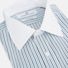 View 2 of product The Turnbull & Asser Green Double Stripe Shirt features a button-up design, contrast T&A collar and cuffs, and is laid flat on a white background.