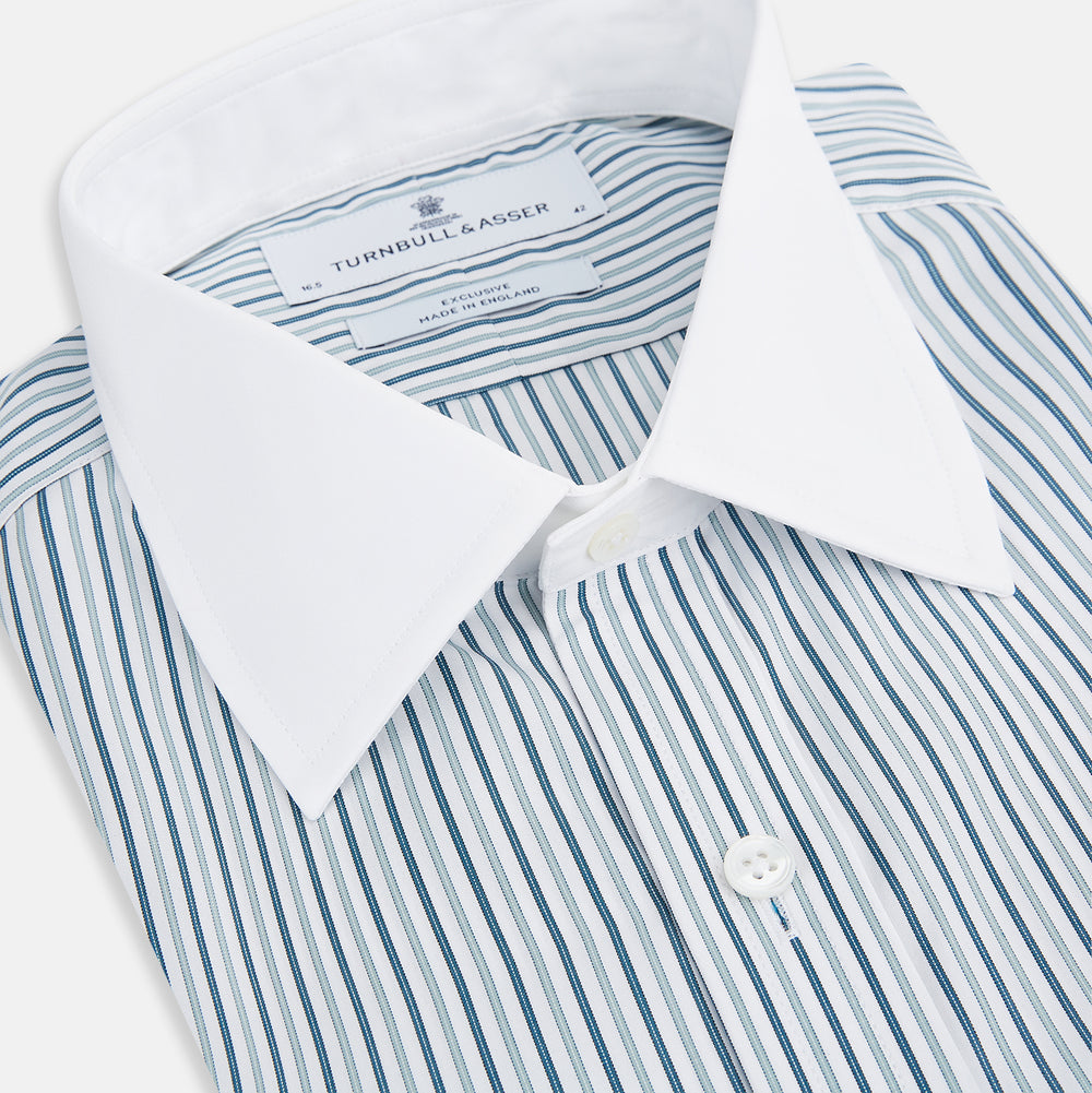 The Turnbull & Asser Green Double Stripe Shirt features a button-up design, contrast T&A collar and cuffs, and is laid flat on a white background.