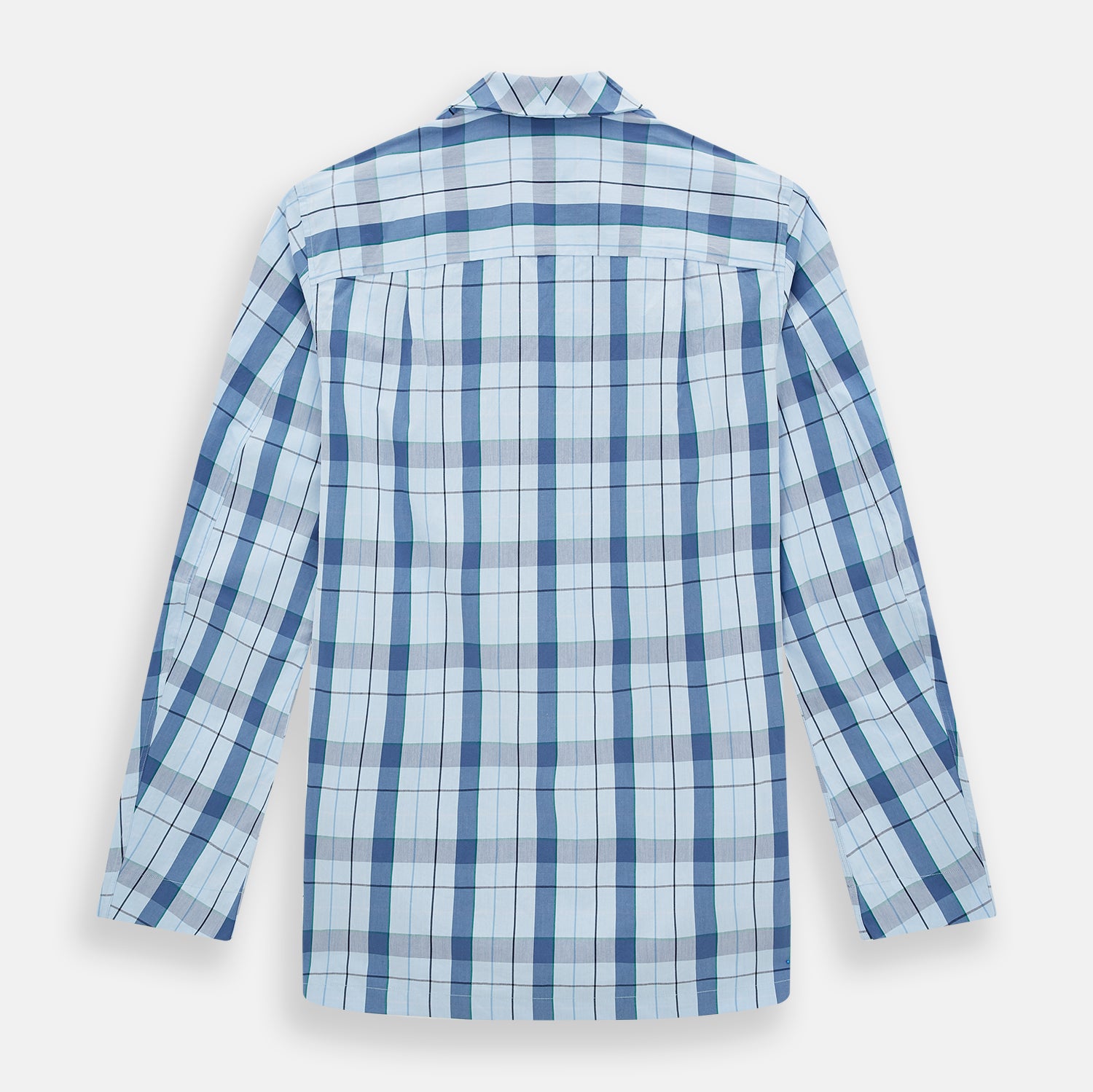 View 3 of product The Turnbull & Asser Blue Multi Check Pyjama Shirt features a blue and white check pattern, long sleeves, and a collar—an elegant loungewear option perfect for nightwear.