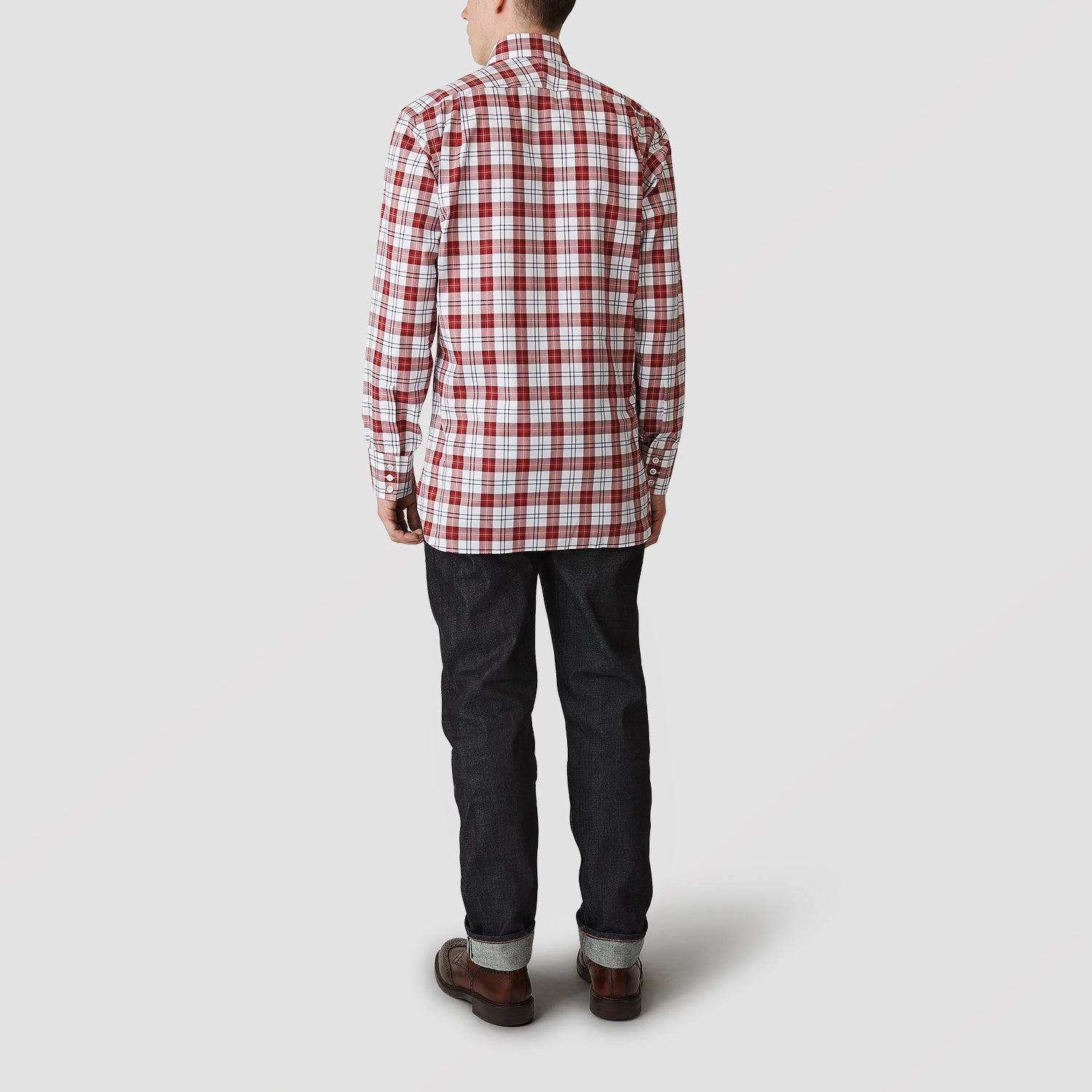 View 3 of product The Turnbull & Asser Red Check Shirt, featuring a T&A collar and 3-button cuffs, is displayed laid flat on a white background.
