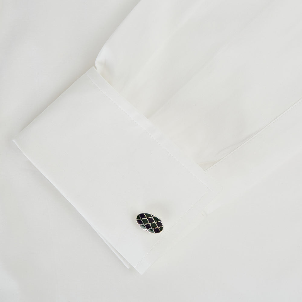 Turnbull & Asser's Forest Green and Navy Checkered Oval Enamel Cufflinks showcase masculine elegance with a sophisticated oval design and striking checkered enamel face.