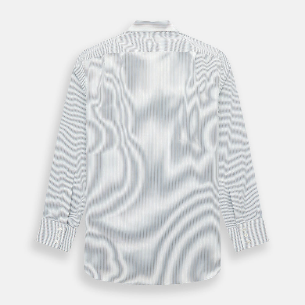 The Navy and Brown Pinstripe Mayfair Shirt by Turnbull & Asser, crafted from Italian cotton with long sleeves, a collar, and buttoned cuffs, is displayed on a plain white background.