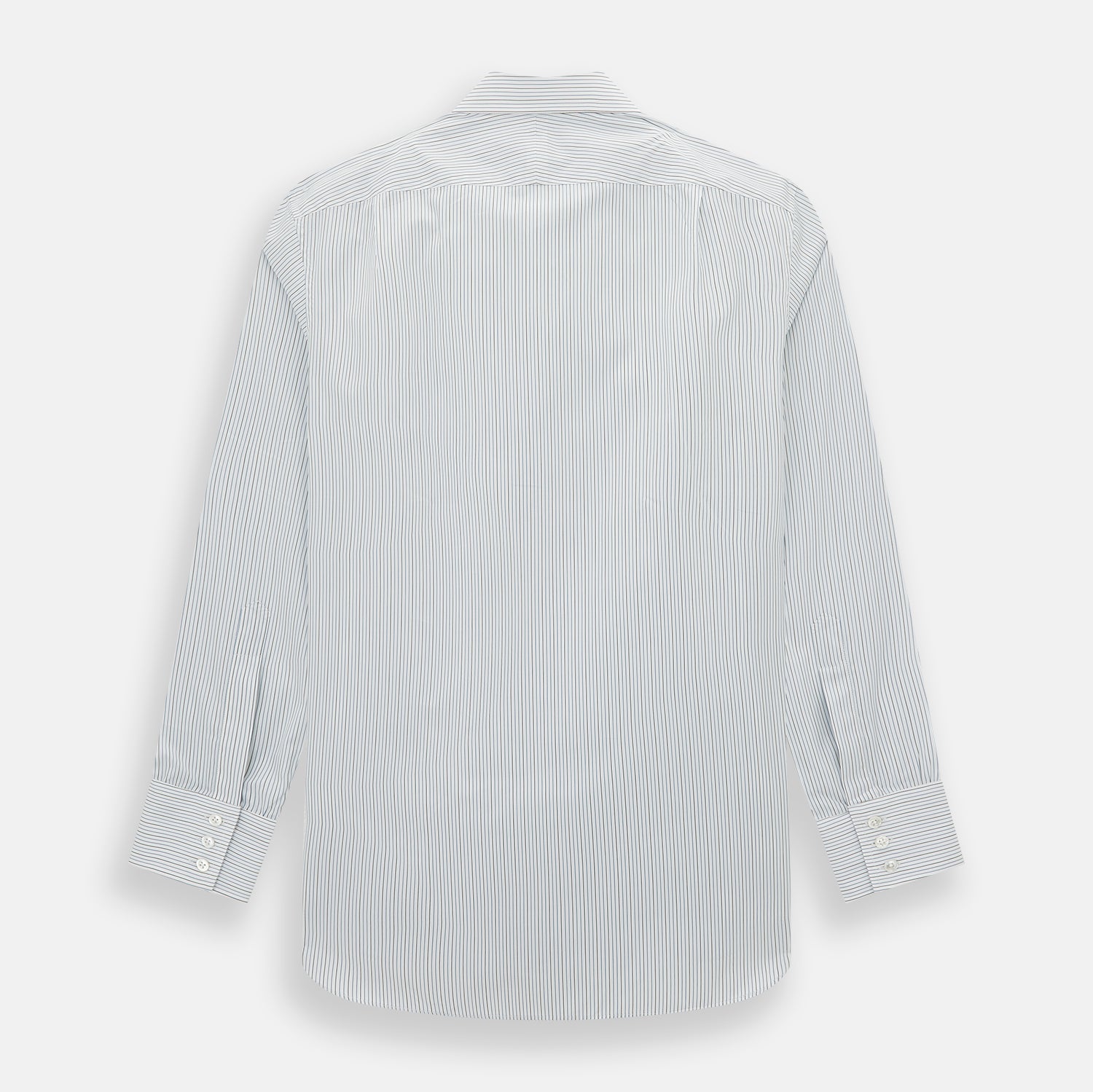 View 3 of product The Navy and Brown Pinstripe Mayfair Shirt by Turnbull & Asser, crafted from Italian cotton with long sleeves, a collar, and buttoned cuffs, is displayed on a plain white background.