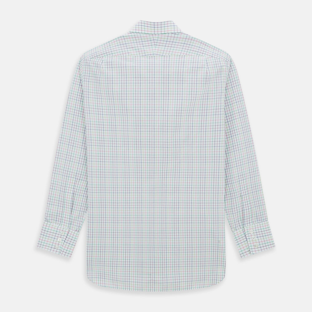 The Turnbull & Asser Multicoloured Double Grid Check Mayfair Shirt, made from organic cotton, features long sleeves, a collar, and a blue, green, and red grid check on white. The shirt is shown neatly laid flat against a white background.