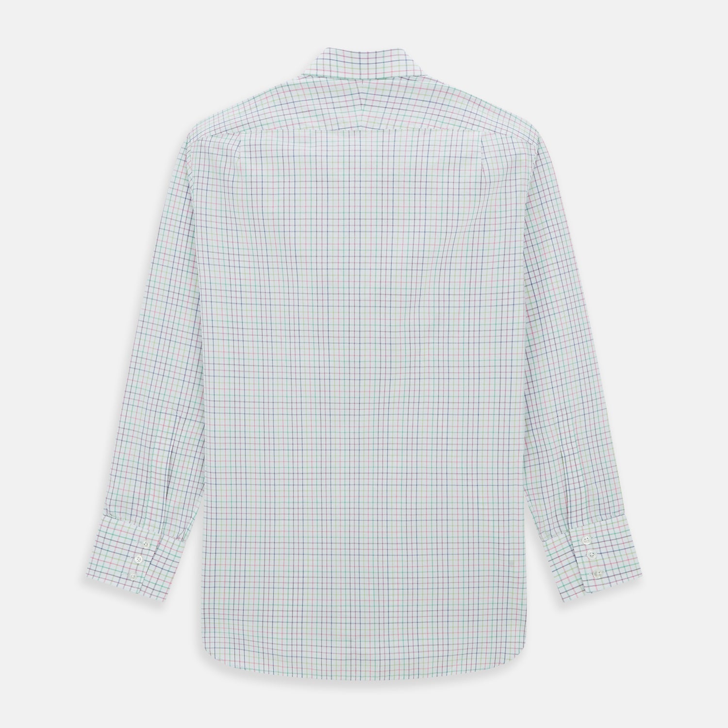 View 5 of product The Turnbull & Asser Multicoloured Double Grid Check Mayfair Shirt, made from organic cotton, features long sleeves, a collar, and a blue, green, and red grid check on white. The shirt is shown neatly laid flat against a white background.