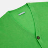 View 2 of product The Turnbull & Asser Lime Green Fine Merino V-Neck Cardigan features long sleeves and dark brown front buttons, shown against a plain white background.