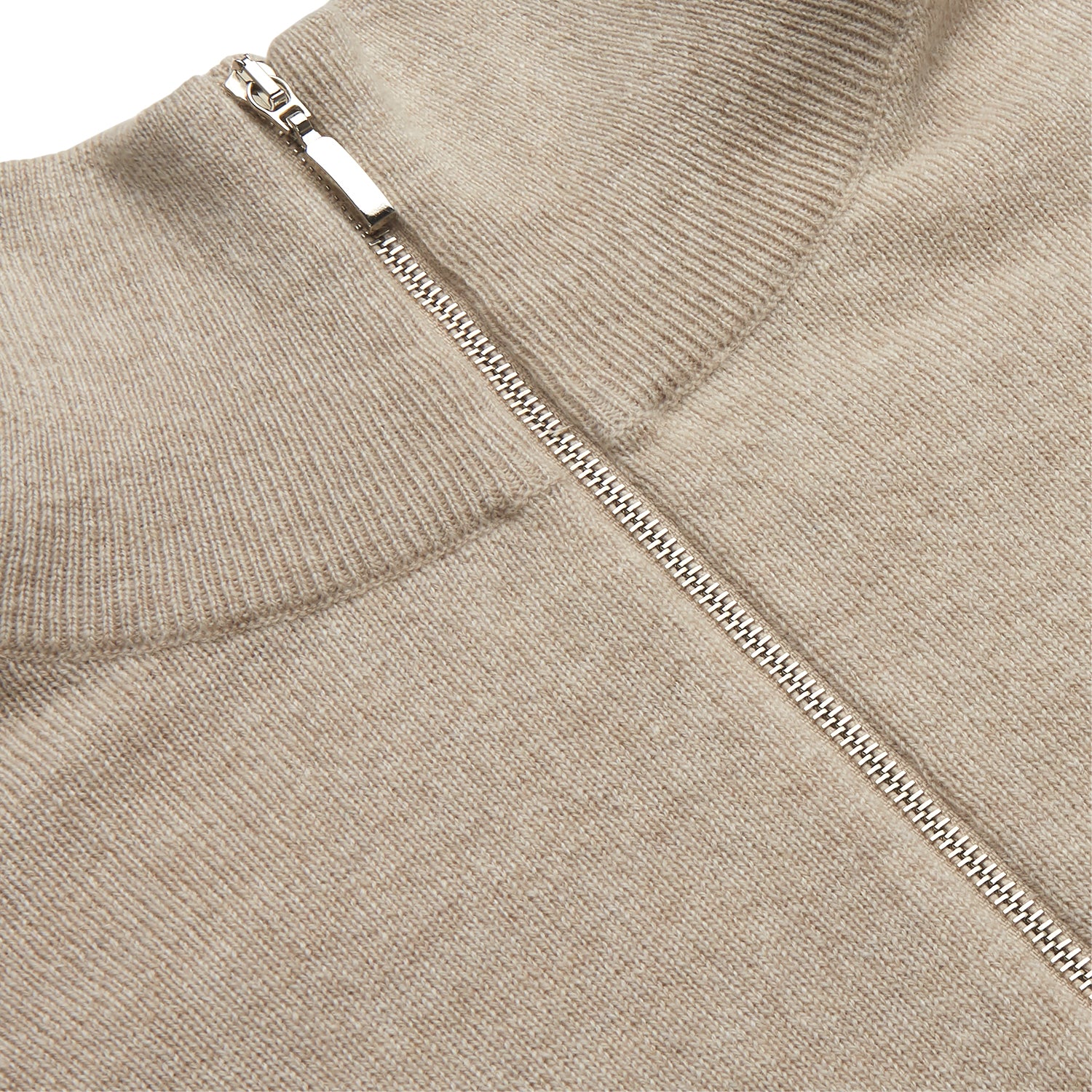 View 2 of product The Beige Lennox Half-Zip Jumper by Turnbull & Asser is a stylish cashmere knit with long sleeves, high collar, and half-length front zipper, finished with ribbed cuffs and hem. Shown against a plain white background.
