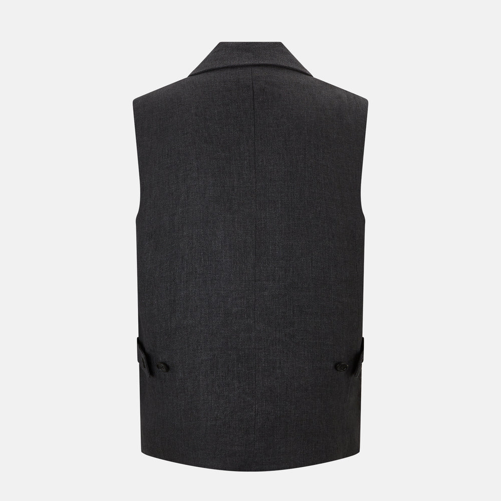 The Turnbull & Asser Ash Collared Linen Waistcoat is a sleeveless dark gray piece with a button-down front, two zippered side pockets, and a small chest pocket, shown against a plain white background.