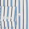 View 4 of product The Sky Blue Multi Candy Stripe Mayfair Shirt by Turnbull & Asser features vertical blue, black, and white stripes, a pointed collar, matching cuffs, and showcases signature British craftsmanship.