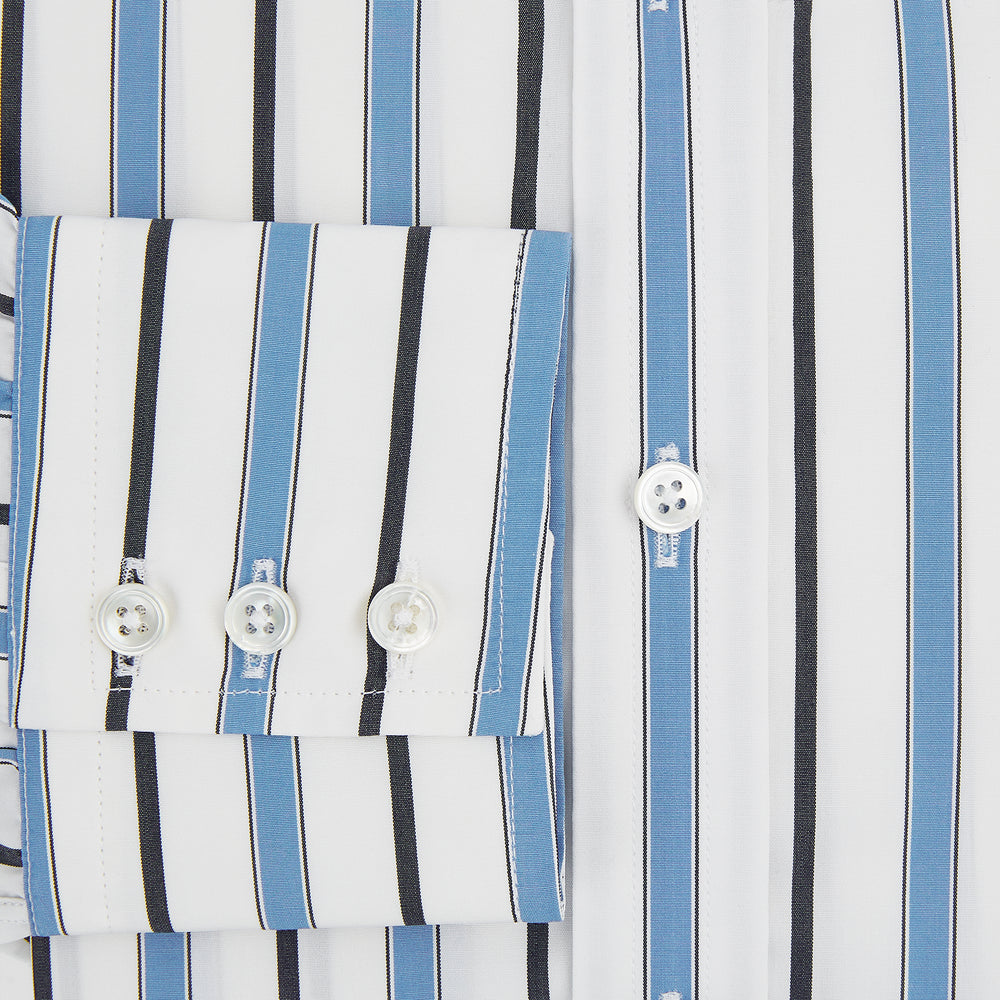 The Sky Blue Multi Candy Stripe Mayfair Shirt by Turnbull & Asser features vertical blue, black, and white stripes, a pointed collar, matching cuffs, and showcases signature British craftsmanship.